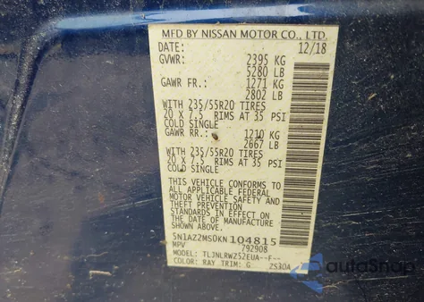 2019 Nissan Murano Sl из США, поврежденный, VIN 5N1AZ2MS0KN104815